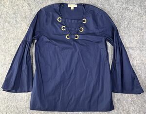Michael Kors Navy Blue Grommet Lace Up Blouse / Women's Large / Top Bell Sleeve